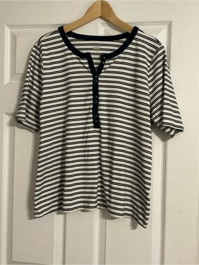 Lands' End Plus Sized Navy & White Striped Henley Top